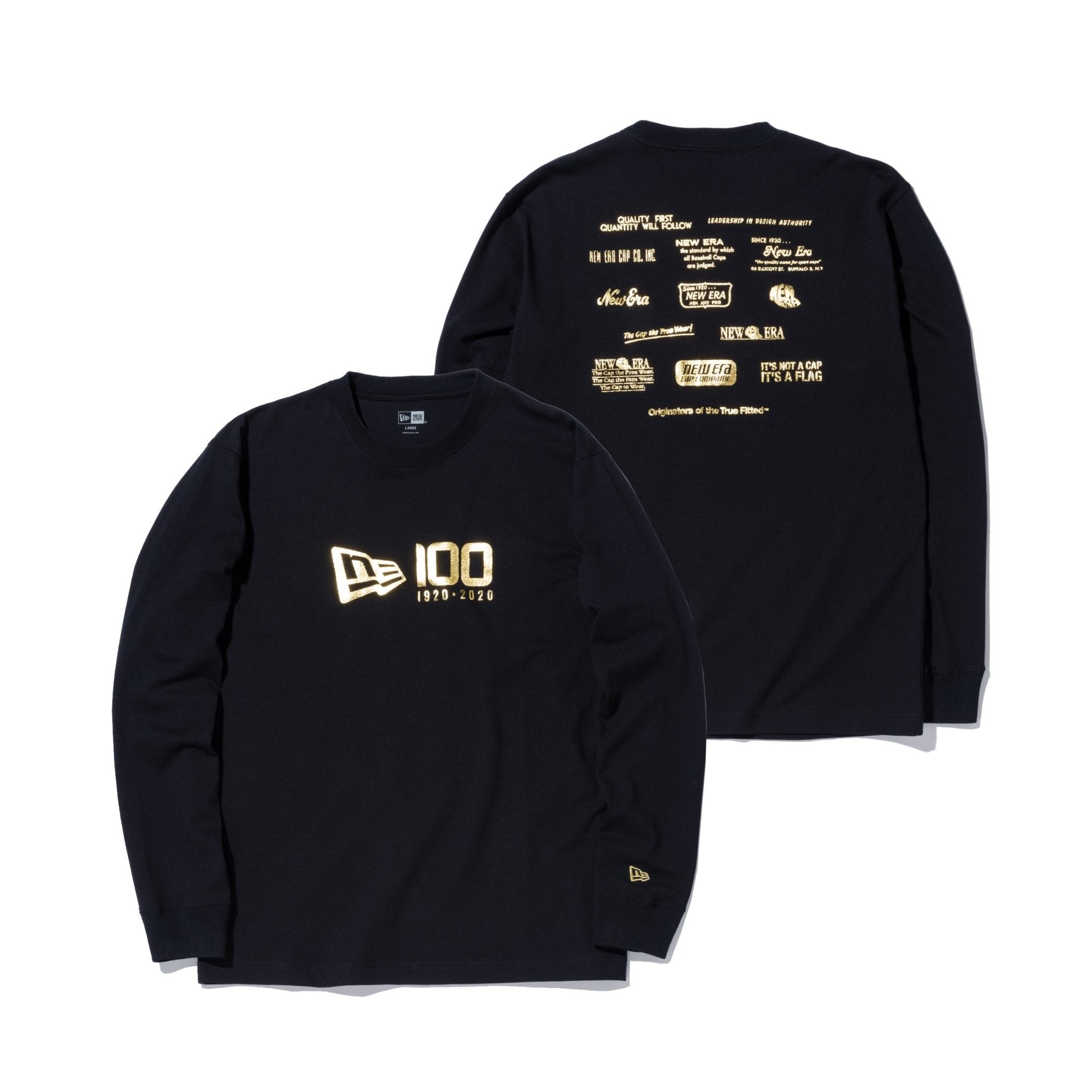 長袖 コットンTシャツ NEW ERA 100周年 マルチロゴ フロント ブラック × メタリックゴールド レギュラーフィット